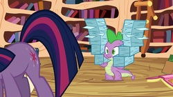 Size: 1920x1080 | Tagged: safe, screencap, spike, twilight sparkle, g4, the crystal empire, golden oaks library, library, out of context