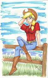 Size: 1000x1616 | Tagged: safe, artist:mayorlight, applejack, human, g4, female, fence, humanized, sitting, solo, traditional art