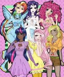 Size: 747x900 | Tagged: safe, artist:temperednightsky, applejack, fluttershy, pinkie pie, rainbow dash, rarity, twilight sparkle, human, g4, dark skin, horn, horned humanization, humanized, mane six, winged humanization