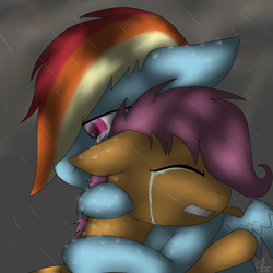 Size: 1000x1000 | Tagged: safe, artist:neilikkaa, rainbow dash, scootaloo, g4, crying, hug, rain, sad, scootalove