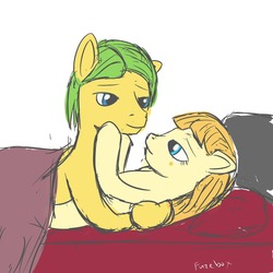 Size: 1280x1280 | Tagged: safe, artist:fuzebox, aunt orange, uncle orange, pony, g4, 30 minute art challenge, bed, cuddling, female, imminent kissing, loose hair, male, mare, pillow, ship:the oranges, shipping, stallion