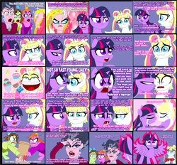 Size: 2318x2147 | Tagged: safe, artist:terry, rarity (g3), twilight sparkle, oc, oc:moonlight sky, oc:sephirot rose, alicorn, pony, unicorn, comic:you're the father, g3, g4, alicorn drama, angry, comic, crossover, crying, disney, female, g3 to g4, generation leap, hilarious in hindsight, lady tremaine, magical lesbian spawn, mare, meme, offspring, parent:prince blueblood, parent:princess luna, parent:rarity, parent:twilight sparkle, parents:rariblood, parents:twiluna, pink text, ponified, purple text, race swap, rage, rage face, sailor moon (series), tears of anger, twilight sparkle (alicorn), unicorn twilight