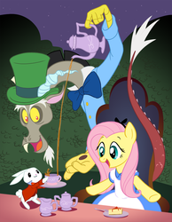 Size: 1000x1286 | Tagged: safe, artist:empty-10, angel bunny, discord, fluttershy, draconequus, rabbit, g4, alice in wonderland, animal, cake, cheesecake, clothes, cup, dress, food, hilarious in hindsight, mad hatter, tea, teacup, teapot, white rabbit