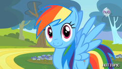 Size: 1280x720 | Tagged: safe, screencap, rainbow dash, pony, g4, female, happy, hot minute, hot topic, hub logo, hub network, interview, smiling, solo