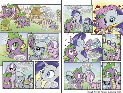 Size: 5500x4176 | Tagged: safe, artist:billforster, diamond tiara, rarity, silver spoon, spike, dragon, earth pony, pony, unicorn, g4, absurd resolution, butt, comic, eyes closed, fangs, female, filly, flower, foal, glasses, harem, heart, horn, lucky bastard, male, mare, nuzzling, open mouth, plot, ship:silverspike, ship:sparity, ship:spiketiara, shipping, silverspiketiara, smiling, spike gets all the mares, straight, teasing, wide eyes, working