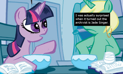 Size: 791x474 | Tagged: safe, artist:thom zahler, idw, official comic, jade singer, summer mane, twilight sparkle, g4, micro-series #1, my little pony micro-series, spoiler:comic, pony confession, text