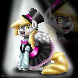 Size: 1280x1280 | Tagged: safe, artist:fatcakes, derpy hooves, pegasus, pony, g4, clothes, dress, female, hat, mare, open mouth, singing, top hat