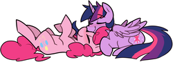 Size: 1280x463 | Tagged: safe, artist:ghost, pinkie pie, twilight sparkle, alicorn, earth pony, pony, g4, blushing, cuddling, eyes closed, female, lesbian, mare, ship:twinkie, shipping, sleeping, smiling, snuggling, twilight sparkle (alicorn)