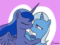 Size: 1280x960 | Tagged: safe, artist:ask-princess-luna, artist:tootootaloo, princess luna, trixie, alicorn, pony, unicorn, g4, duo, female, kiss on the lips, kissing, lesbian, luxie, mare, shipping