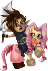 Size: 670x1000 | Tagged: safe, artist:tenaflyviper, fluttershy, g4, aerith gainsborough, cloud strife, crossover, final fantasy, final fantasy vii, final fantasy xi, tarutaru