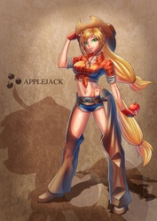 Size: 848x1200 | Tagged: safe, artist:takos000, applejack, human, g4, apple, boots, chaps, cleavage, clothes, eared humanization, female, fingerless gloves, gloves, hot pants, humanized, obligatory apple, solo, tailed humanization