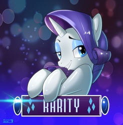 Size: 1861x1895 | Tagged: safe, artist:skyart301, rarity, pony, unicorn, g4, abstract background, bubble, crossed hooves, eyeshadow, female, glowing, gradient background, grin, leaning, lidded eyes, looking at you, makeup, mare, smiling, solo, text