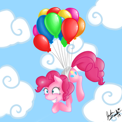 Size: 5000x5000 | Tagged: safe, artist:zombiejadezombie, pinkie pie, g4, absurd resolution, balloon, flying, then watch her balloons lift her up to the sky