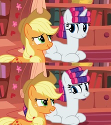 Size: 1136x1279 | Tagged: safe, edit, edited screencap, screencap, applejack, rarity, earth pony, pony, unicorn, g4, look before you sleep, season 1, angry, annoyed, duo, eye contact, female, frown, glare, golden oaks library, grin, hair curlers, lidded eyes, looking at each other, mare, nose wrinkle, ponyloaf, prone, scrunchy face, smiling, smirk