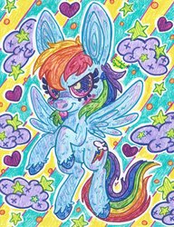 Size: 2480x3232 | Tagged: safe, artist:dolcisprinkles, rainbow dash, pegasus, pony, g4, big ears, female, flying, heart eyes, solo, tongue out, traditional art, wingding eyes