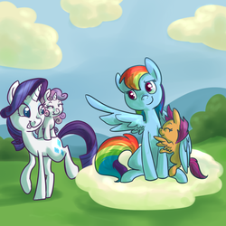 Size: 1000x1000 | Tagged: safe, artist:ponygoggles, rainbow dash, rarity, scootaloo, sweetie belle, pegasus, pony, unicorn, g4, cloud, cloudy, eyes closed, female, filly, foal, happy, horn, mare, on a cloud, ponies riding ponies, riding, scootalove, sisters, sitting, smiling, spread wings, sweetie belle riding rarity, sweetielove, winghug, wings