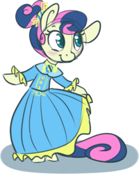 Size: 614x766 | Tagged: safe, artist:ponygoggles, bon bon, sweetie drops, earth pony, pony, g4, adorabon, alternate hairstyle, bipedal, blushing, clothes, cute, dress, female, ponytail, simple background, smiling, solo, transparent background