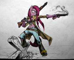 Size: 1024x841 | Tagged: safe, artist:discommunicator, artist:falord, pinkie pie, earth pony, anthro, unguligrade anthro, g4, action pose, colored, crossover, gun, hoof boots, lost saga, pinkamena diane pie, pistol, revolver, rifle, weapon