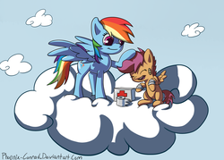 Size: 1260x900 | Tagged: dead source, safe, artist:phoenix-conrad, rainbow dash, scootaloo, g4, bandage, bandaid, cloud, cloudy, duo, eyes closed, first aid kit, on a cloud, open mouth, scootalove