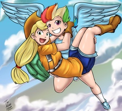 Size: 2500x2279 | Tagged: safe, artist:dakuroihoshi, applejack, rainbow dash, human, g4, carrying, female, flying, humanized, lesbian, parachute, ship:appledash, shipping, winged humanization