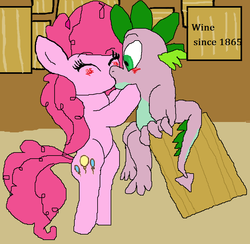 Size: 820x800 | Tagged: safe, artist:cottoncloudyfilly, pinkie pie, spike, dragon, earth pony, pony, g4, 1000 hours in ms paint, blushing, duo, female, interspecies, kiss on the lips, kissing, male, mare, ship:pinkiespike, shipping, straight