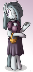 Size: 475x1032 | Tagged: safe, artist:tg-0, marble pie, earth pony, anthro, semi-anthro, unguligrade anthro, g4, arm hooves, basket, clothes, cute, dress, female, hair over one eye, marblebetes, rock, solo