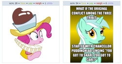 Size: 535x281 | Tagged: safe, chancellor puddinghead, lyra heartstrings, pinkie pie, g4, awkward moment, conspiracy lyra, exploitable meme, juxtaposition, juxtaposition win, meme