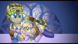 Size: 1280x720 | Tagged: safe, artist:saturnspace, derpy hooves, dinky hooves, doctor whooves, time turner, pegasus, pony, g4, clothes, cute, female, licking, mare, muffin, steampunk, tongue out