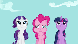 Size: 1280x720 | Tagged: safe, screencap, pinkie pie, rarity, twilight sparkle, earth pony, pony, unicorn, g4, read it and weep, looking up, puffy cheeks, trio, unicorn twilight