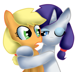 Size: 905x858 | Tagged: safe, artist:lizethehedgehog, applejack, rarity, earth pony, pony, unicorn, g4, alternate hairstyle, female, hug, lesbian, mare, ship:rarijack, shipping