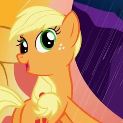 Size: 432x432 | Tagged: safe, screencap, applejack, earth pony, pony, g4, look before you sleep, cropped, derp, female, golden oaks library, mare, open mouth, rain, solo