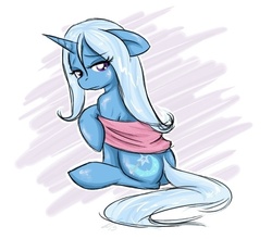 Size: 515x454 | Tagged: safe, artist:junkyardgypsy, trixie, pony, unicorn, g4, butt, female, human shoulders, looking at you, looking back, looking over shoulder, mare, plot, sitting, solo, towel, wet, wet mane