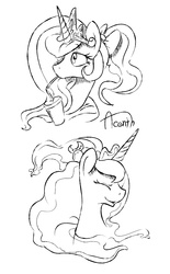 Size: 1024x1650 | Tagged: safe, artist:discommunicator, princess celestia, princess luna, g4, alternate hairstyle, monochrome