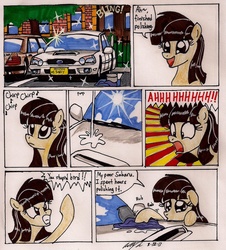 Size: 1578x1743 | Tagged: safe, artist:newyorkx3, wild fire, bird, pony, g4, angry, car, comic, ears back, glare, gritted teeth, guano, open mouth, plop bombing, pouting, sad, sibsy, smiling, sparkles, subaru, subaru impreza, traditional art, wide eyes