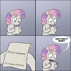 Size: 1280x1280 | Tagged: safe, artist:lemondevil, sweetie belle, g4, adopted offspring, exploitable meme, happy birthday, meme, sweetie's note meme, text, you're adopted