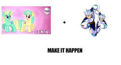 Size: 1395x759 | Tagged: safe, gemini (g4), pony, unicorn, g4, exploitable meme, female, gemini, gemini man, horn, make it happen, mare, mega man (series), ponyscopes, siblings, twins