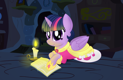 Size: 7954x5146 | Tagged: safe, artist:drawponies, twilight sparkle, alicorn, pony, g4, absurd resolution, book, candle, clothes, coronation dress, dress, female, mare, smiling, solo, twilight sparkle (alicorn)