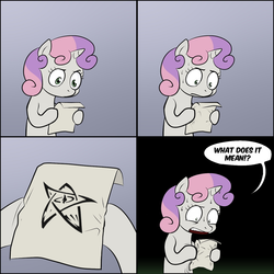 Size: 1280x1280 | Tagged: safe, sweetie belle, g4, elder sign, exploitable meme, lovecraft, meme, sweetie's note meme