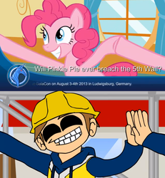 Size: 1275x1382 | Tagged: safe, pinkie pie, earth pony, human, pony, g4, comparison, eddsworld, fourth wall, hammer and fail, now you're thinking with portals, portal, tom (eddsworld)