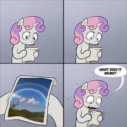 Size: 398x398 | Tagged: safe, sweetie belle, g4, double rainbow, exploitable meme, meme, sweetie's note meme, what does it mean