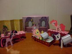 Size: 4608x3456 | Tagged: safe, fluttershy, pinkie pie, rarity, spike, twilight sparkle, g4, bathtub, fashion and friendship, merchandise, papercraft, spa, towel