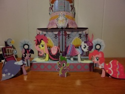 Size: 4608x3456 | Tagged: safe, fluttershy, pinkie pie, rarity, spike, twilight sparkle, g4, camera, clothes, fashion and friendship, fashion show, merchandise, papercraft, spotlight