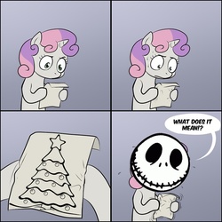 Size: 700x700 | Tagged: safe, sweetie belle, g4, christmas, christmas tree, exploitable meme, jack skellington, meme, song in the comments, sweetie's note meme, the nightmare before christmas, tree