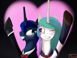 Size: 600x457 | Tagged: safe, artist:dragk, princess celestia, princess luna, alicorn, pony, g4, clothes, cute, cutelestia, female, incest, lesbian, schoolgirl, ship:princest, shipping