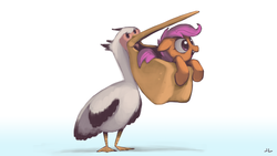 Size: 3200x1800 | Tagged: safe, artist:docwario, scootaloo, pelican, pony, g4, floppy ears, open mouth, smiling