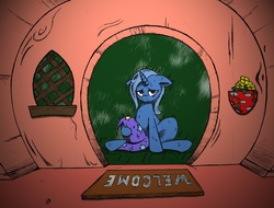 Size: 1149x873 | Tagged: safe, artist:j5furry, artist:joey darkmeat, trixie, pony, unicorn, g4, clothes, crying, doormat, female, golden oaks library, hat, homeless, library, looking at you, mare, rain, sad, sitting, solo, trixie's hat