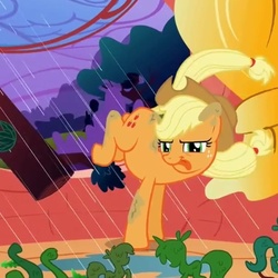 Size: 526x525 | Tagged: safe, screencap, applejack, earth pony, pony, g4, look before you sleep, bucking, cropped, female, golden oaks library, mare, rain, silly, silly pony, solo, tongue out, tree branch, who's a silly pony