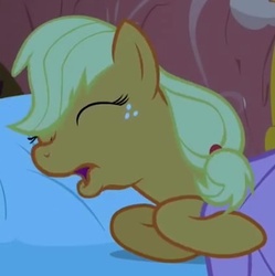 Size: 376x377 | Tagged: safe, screencap, applejack, earth pony, pony, g4, look before you sleep, cropped, eyes closed, female, golden oaks library, mare, open mouth, snoring, solo