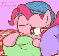 Size: 635x605 | Tagged: safe, artist:nolycs, pinkie pie, pony, ask pinkie and berry, g4, bed, cute, dialogue, diapinkes, female, hat, nightcap, one eye closed, pillow, red nosed, sick, solo