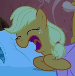 Size: 409x410 | Tagged: safe, screencap, applejack, earth pony, pony, g4, look before you sleep, cropped, eyes closed, female, golden oaks library, mare, open mouth, snoring, solo